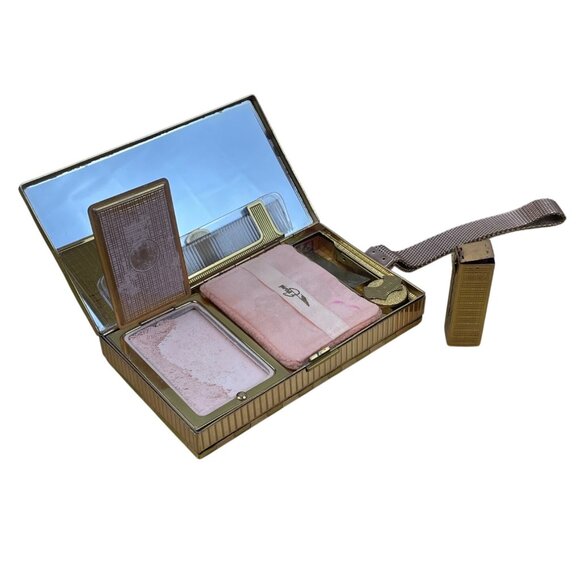 Vintage Evans Gold Tone Woven Design With Mirror & Lipstick Holder Makeup Case - Picture 6 of 7